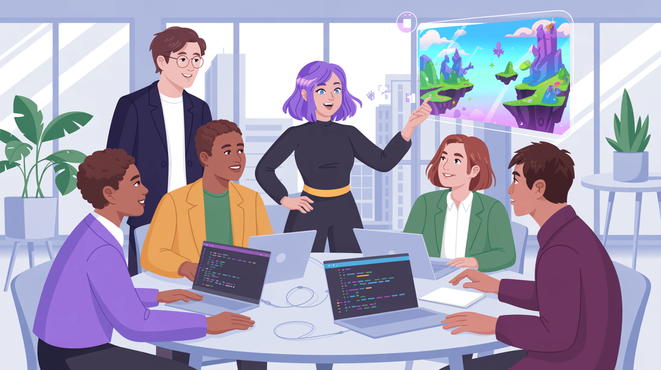 Diverse team collaborating on creative gaming projects in modern office