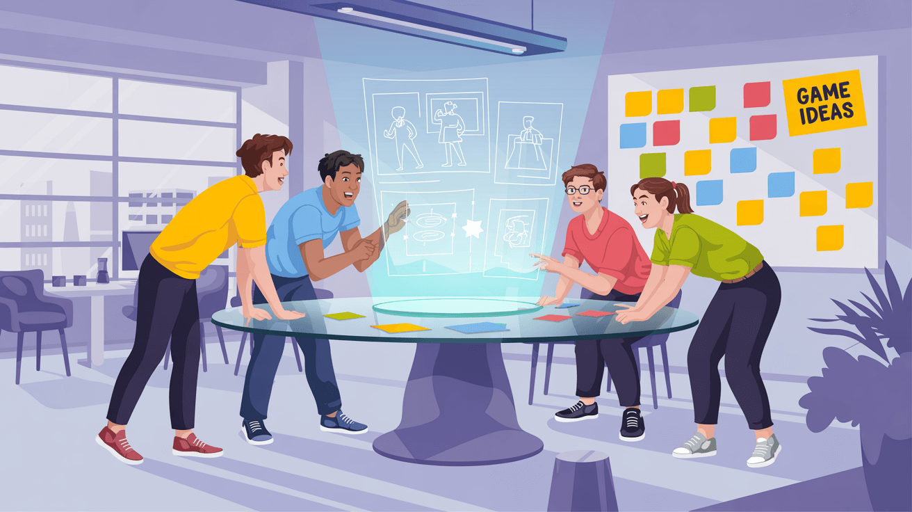 Creative team brainstorming innovative gaming concepts in modern workspace