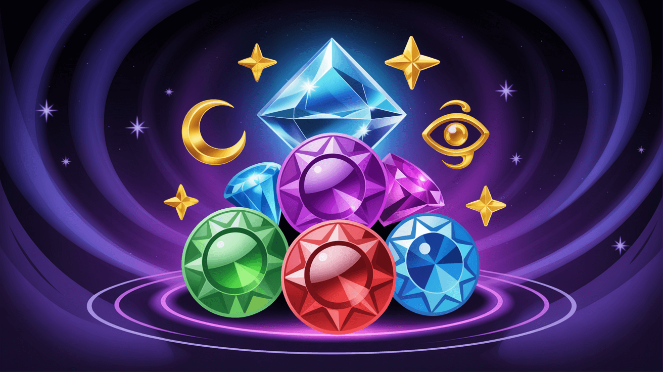Colorful slot game with gemstones and magical symbols