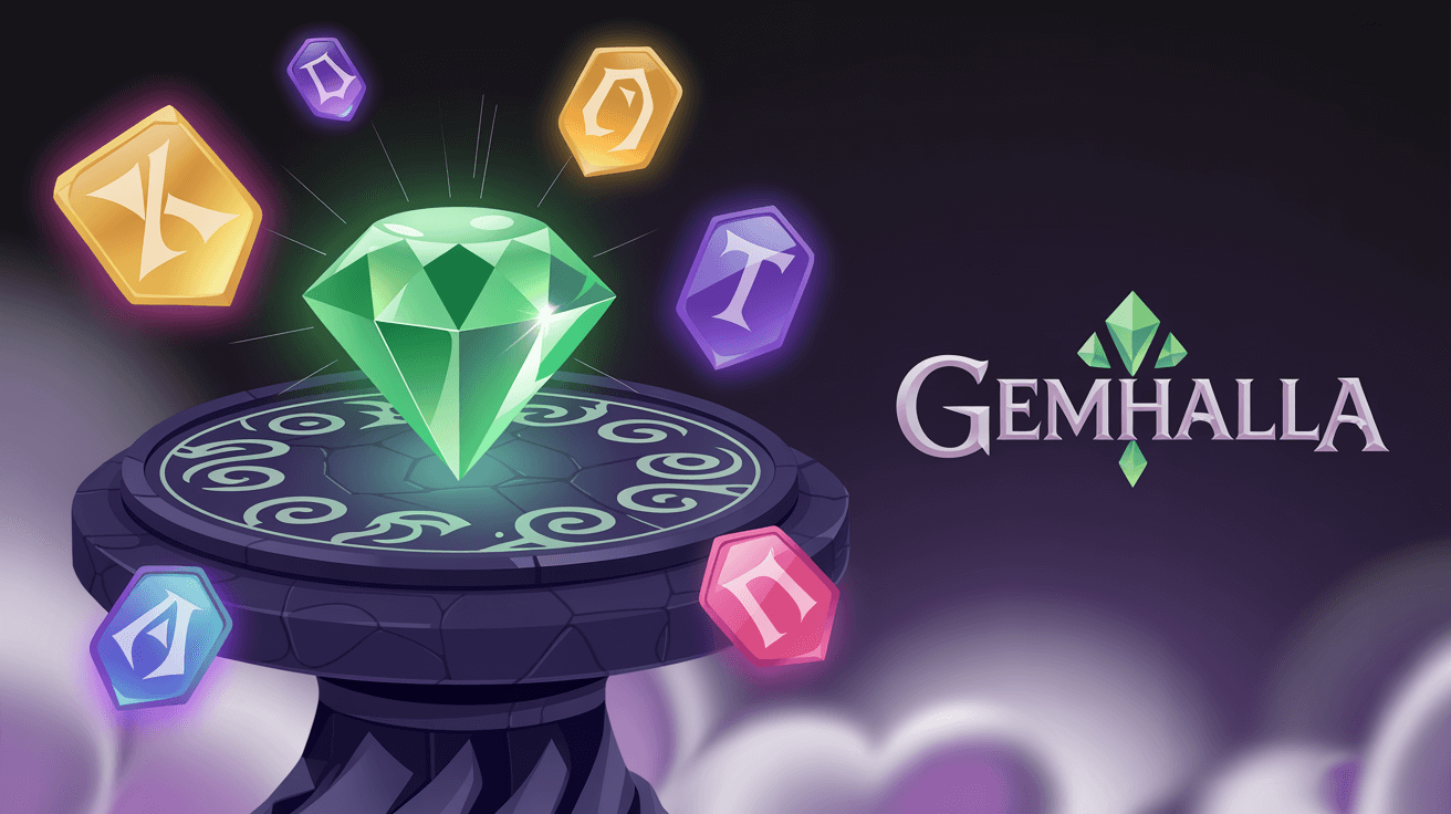 Gemhalla game preview with magical symbols and gemstones