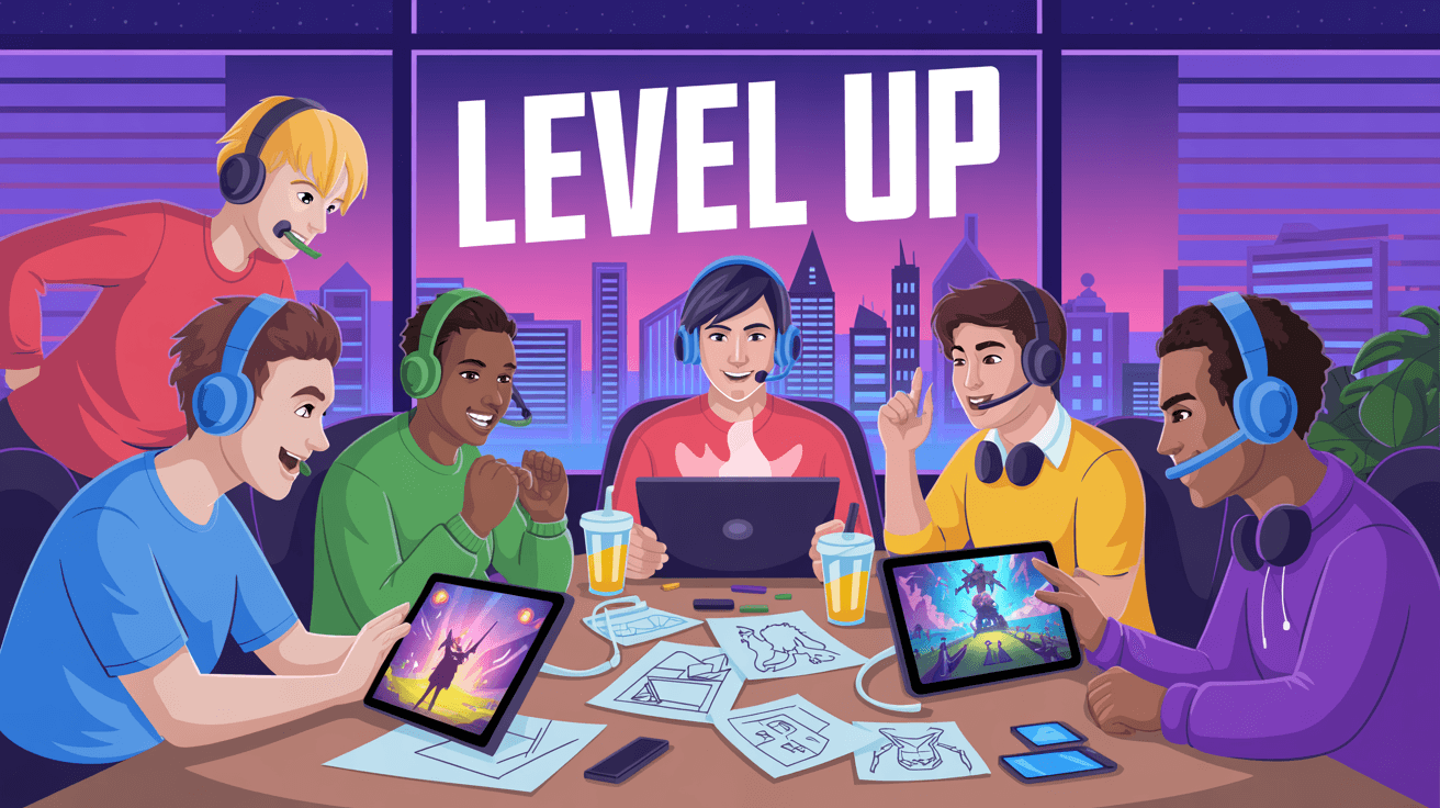 Diverse team of gaming enthusiasts collaborating on creative projects